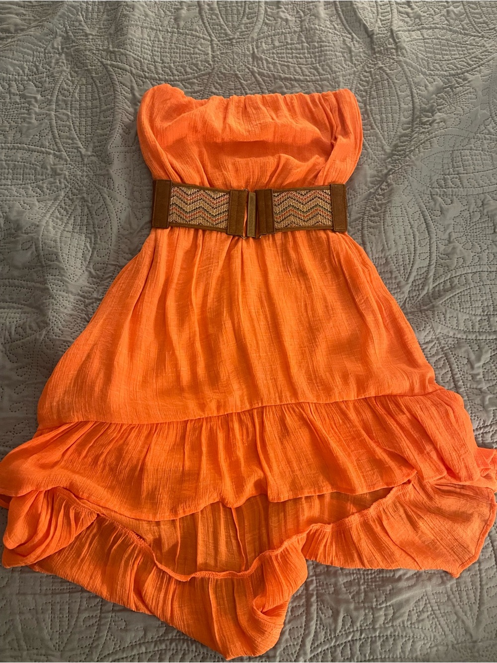 Maurices Orange Strapless Hi-Low Summer Dress with Brown Decorative Belt